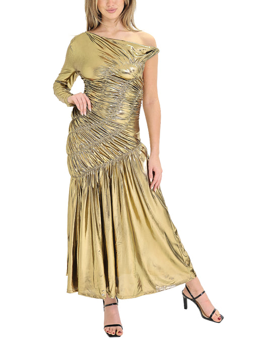 One Shoulder Metallic Maxi Dress view 