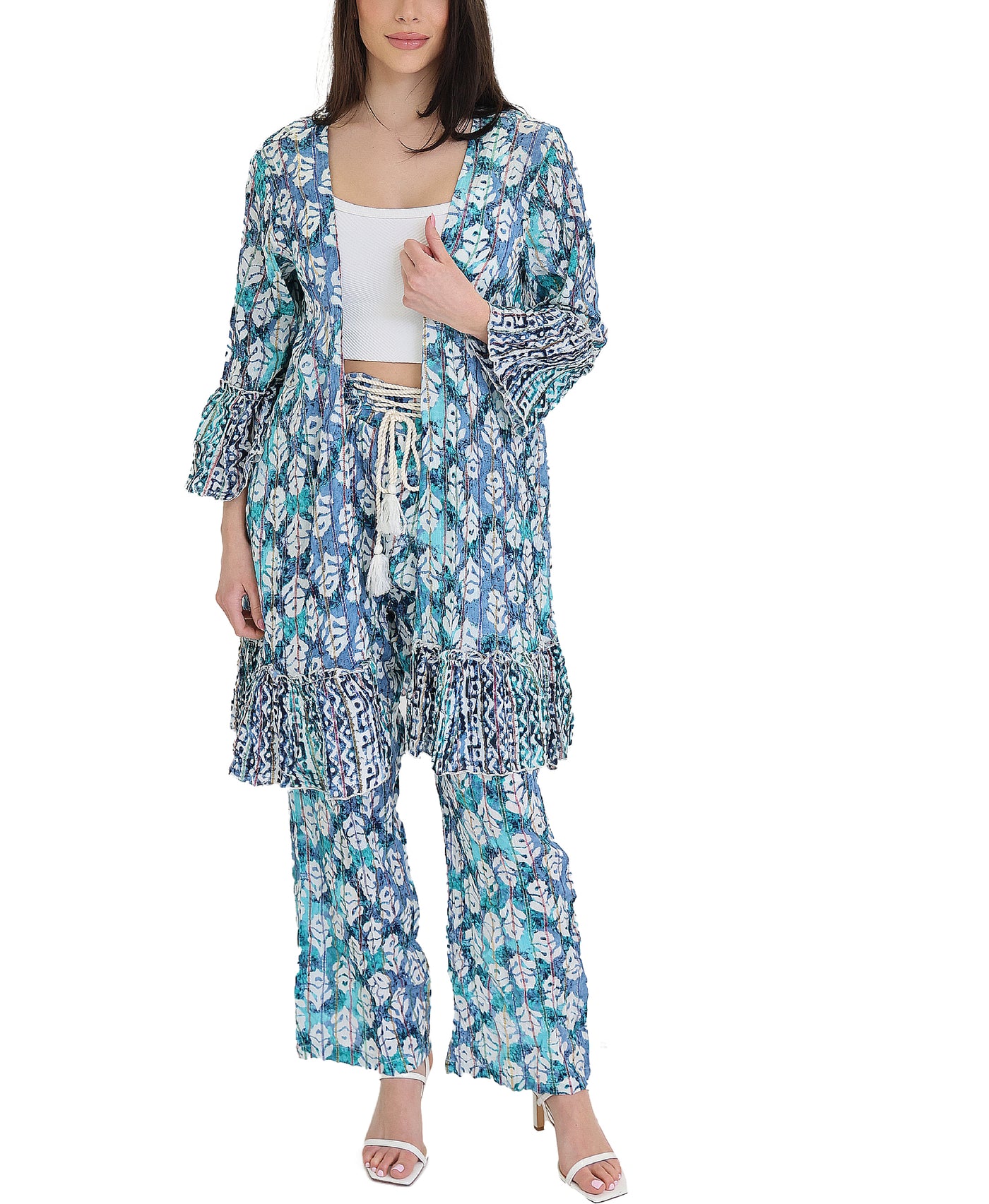 Printed Foil Duster & Pant Set- 2 Pc Set view 1