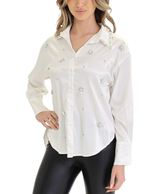 Satin Blouse w/ Sequin & Pearls view 