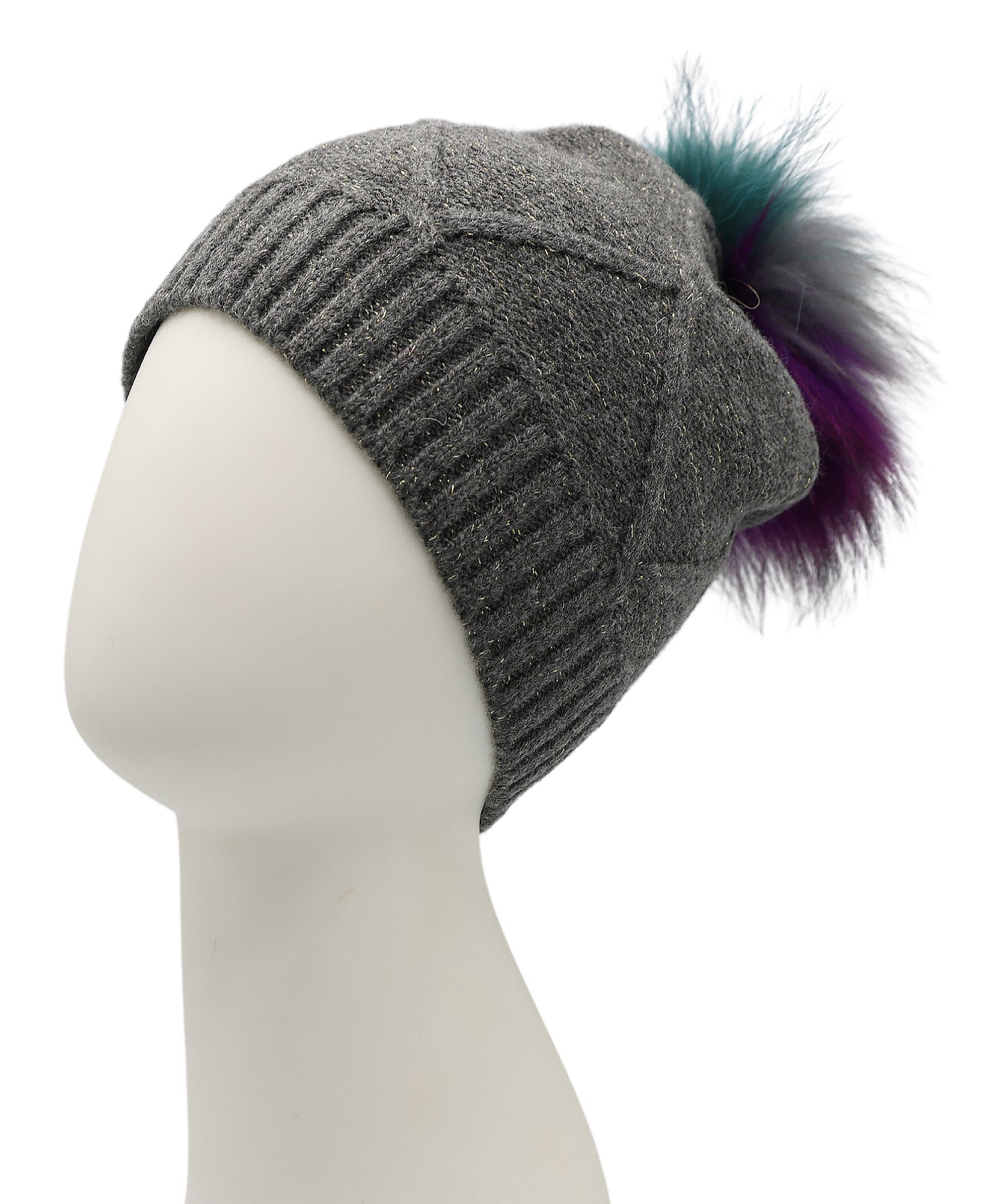 Wool Shimmer Knit Hat w/ Fur Pom view 1