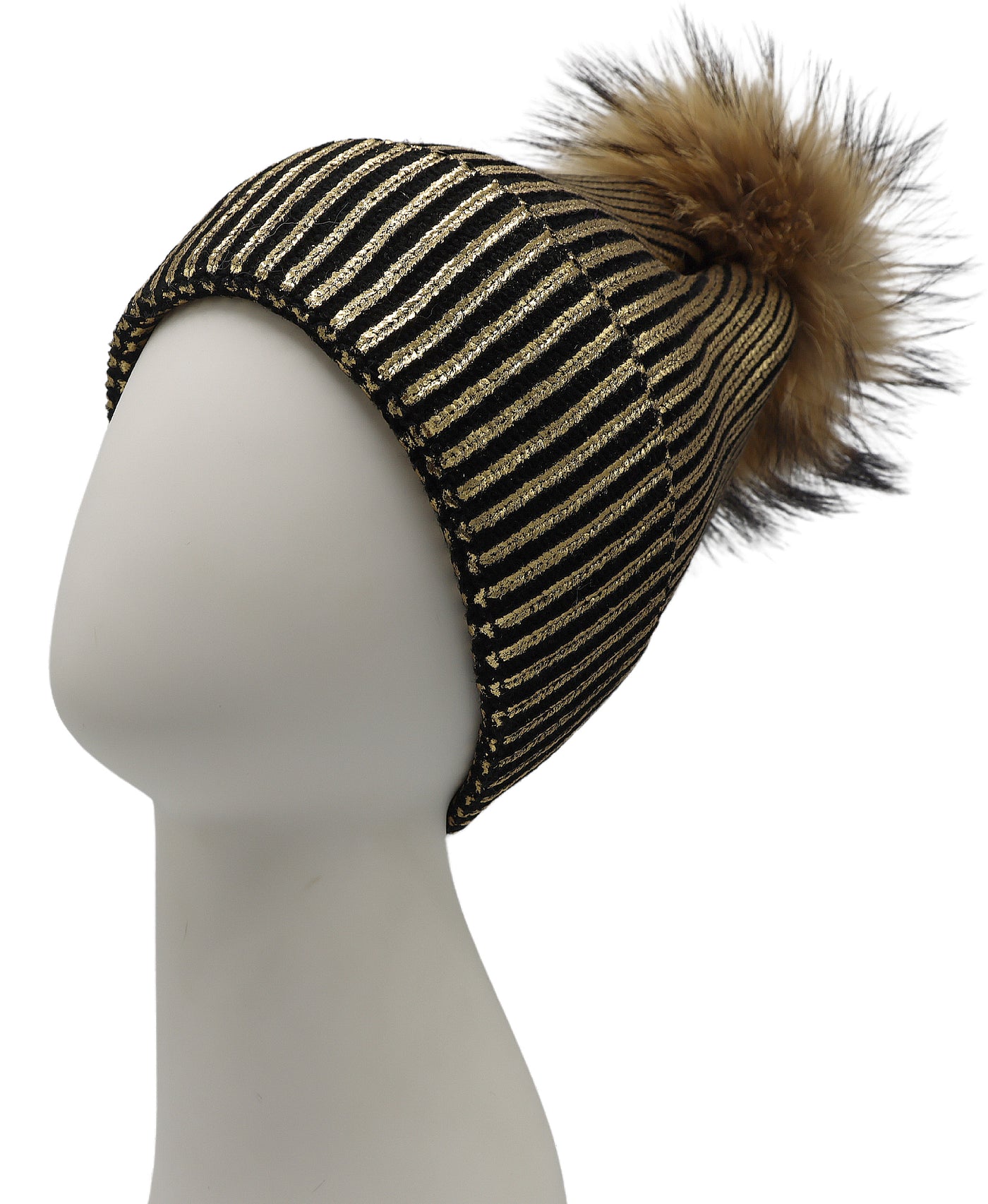 Metallic Knit Ribbed Hat w/ Fur Pom view 1