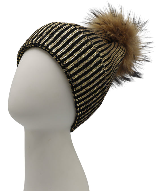 Metallic Knit Ribbed Hat w/ Fur Pom view 