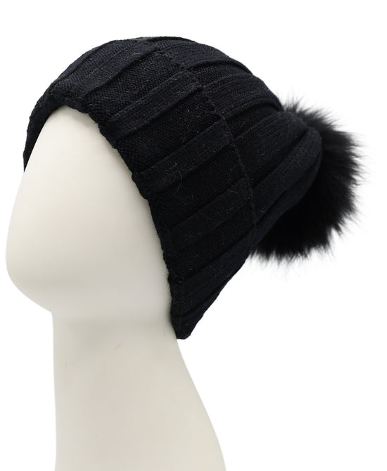 Wool Ribbed Knit Hat w/ Fur Pom view 