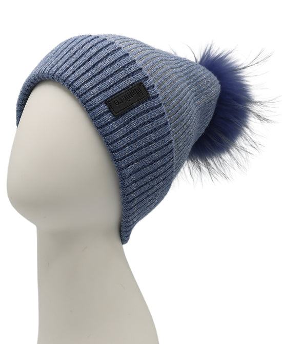 Wool Shimmer Knit Hat w/ Fur Pom view 