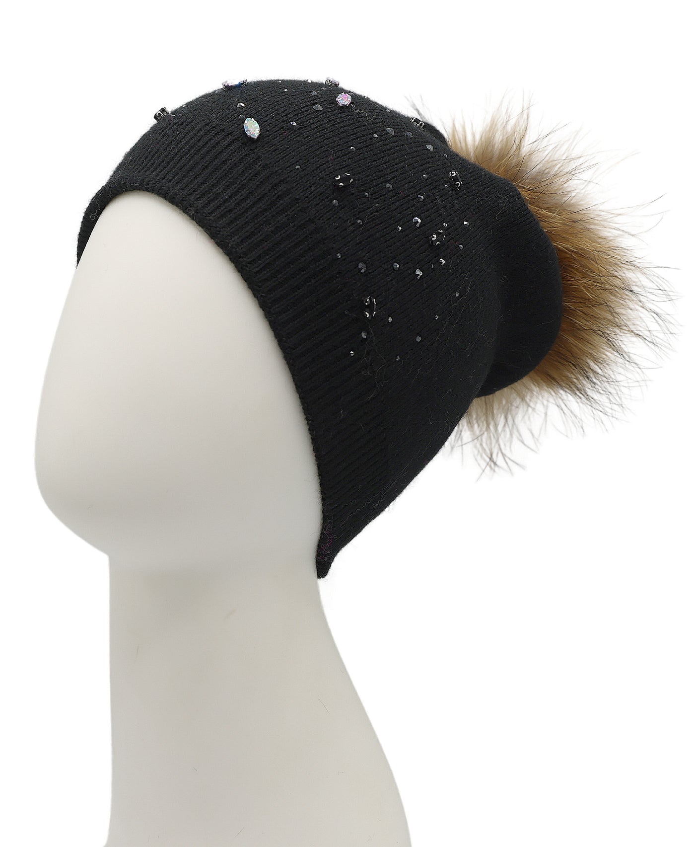 Jeweled Wool Knit Hat w/ Fur Pom view 1