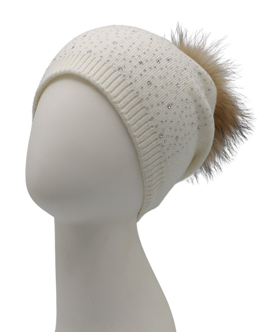 Wool Knit & Crystal Slouch Hat w/ Fur Pom view 