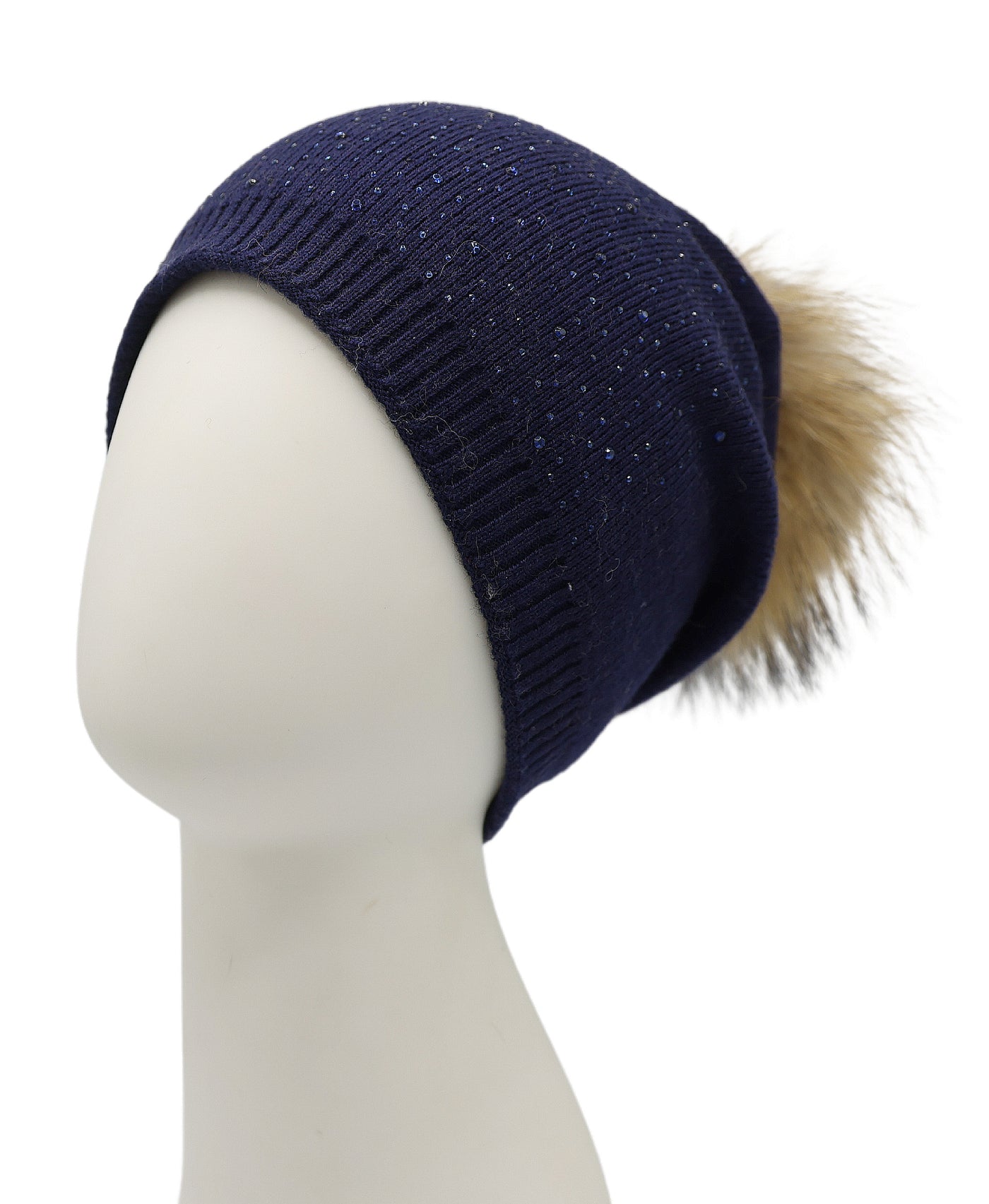 Wool Knit & Crystal Slouch Hat w/ Fur Pom view 1