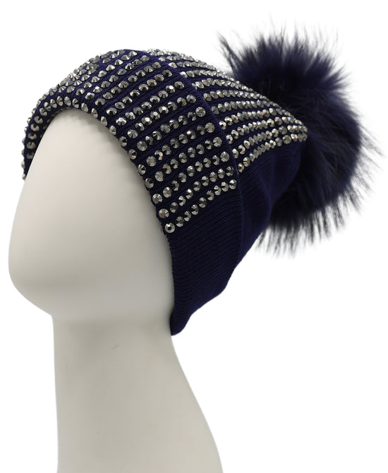 Knit & Crystal Hat w/ Fur Pom view 