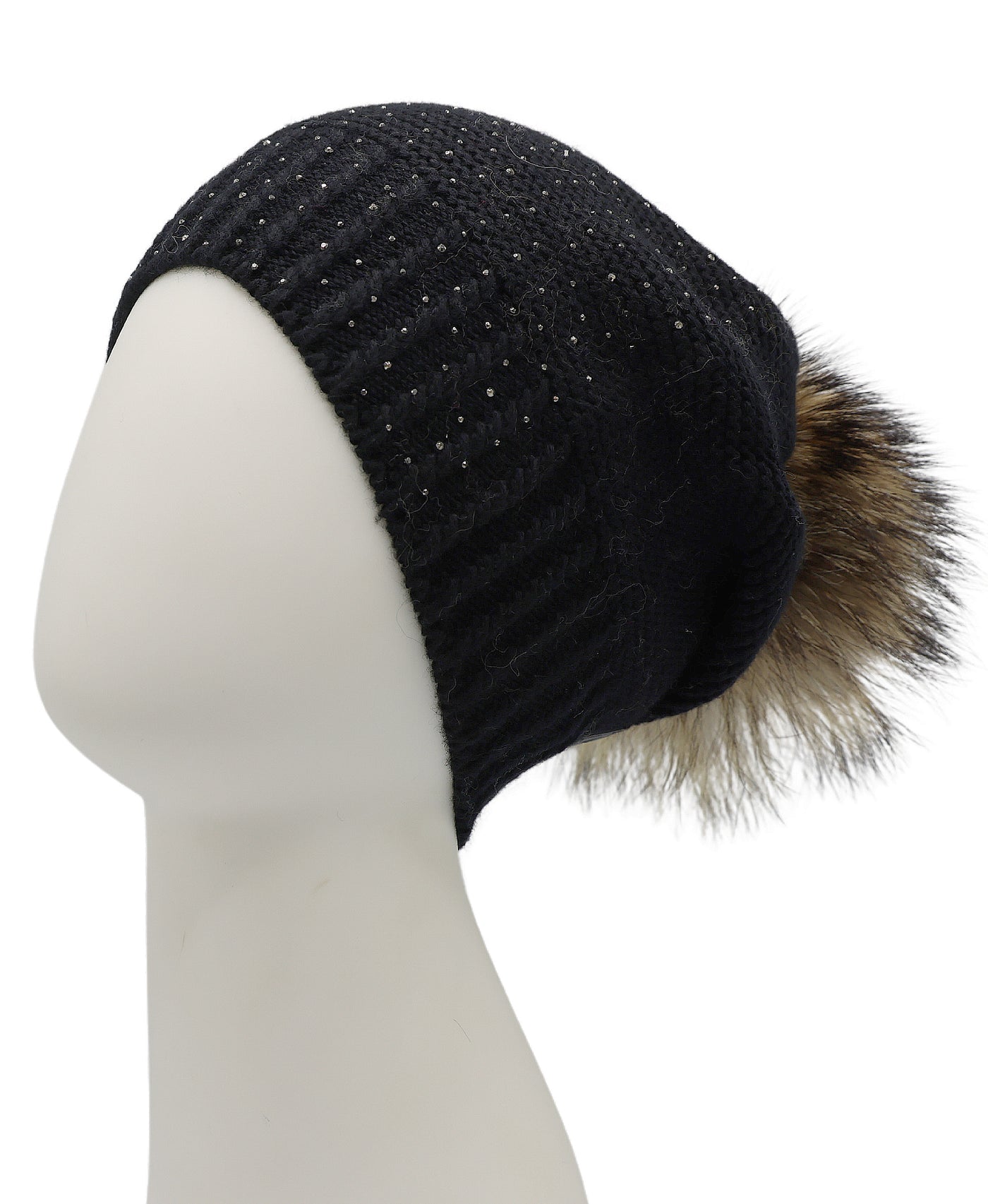 Wool Knit & Crystal Slouch Hat w/ Fur Pom view 1