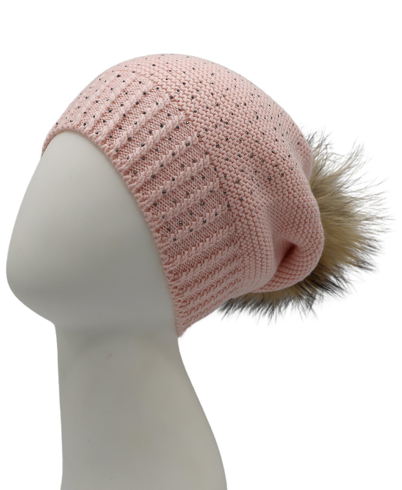 Wool Knit & Crystal Slouch Hat w/ Fur Pom view 1