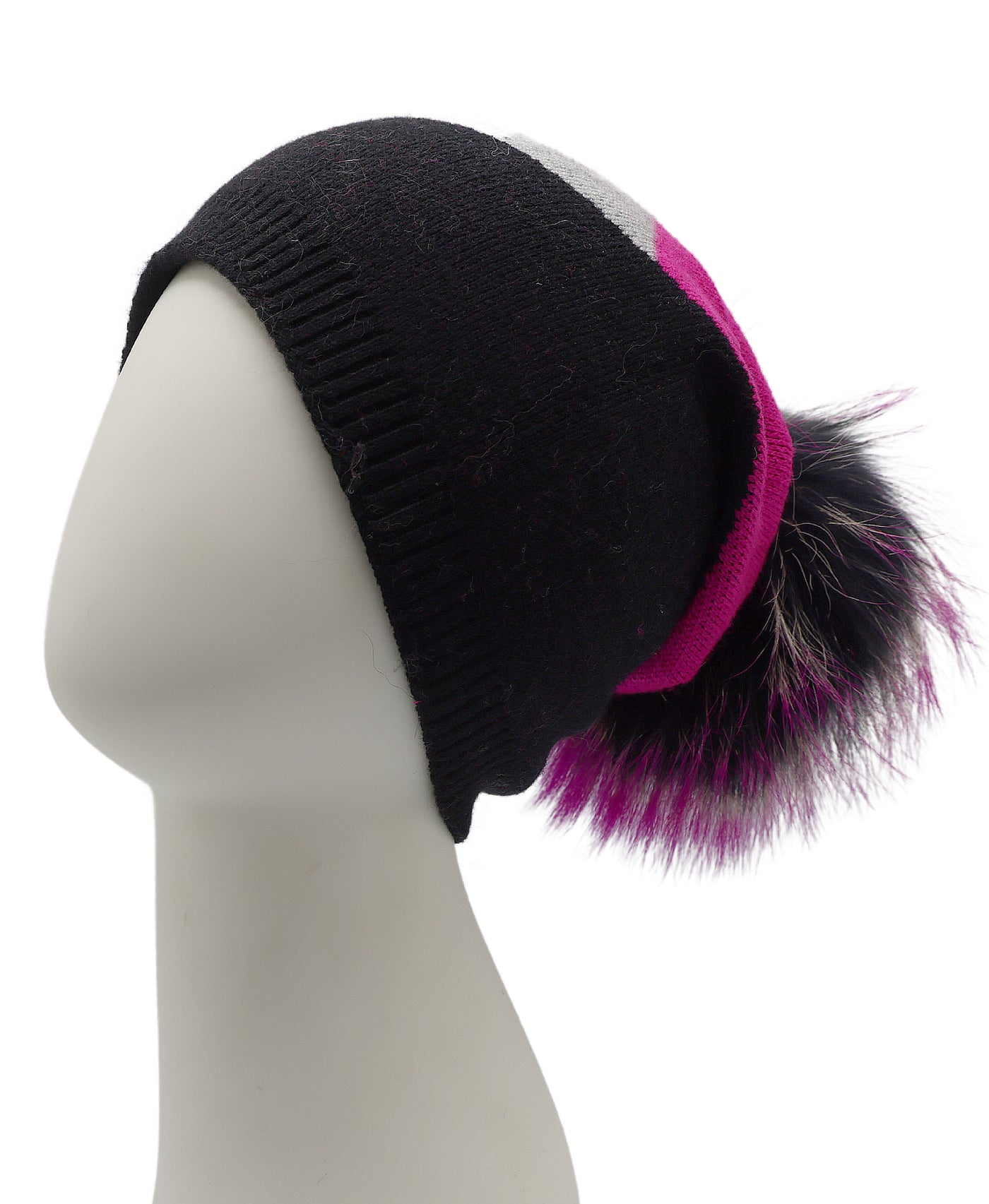 Wool Color Block Knit Hat w/ Fur Pom view 1