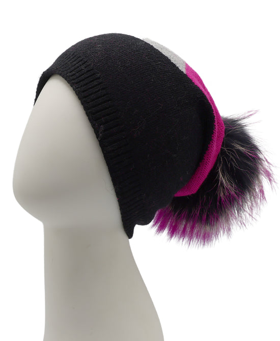 Wool Color Block Knit Hat w/ Fur Pom view 