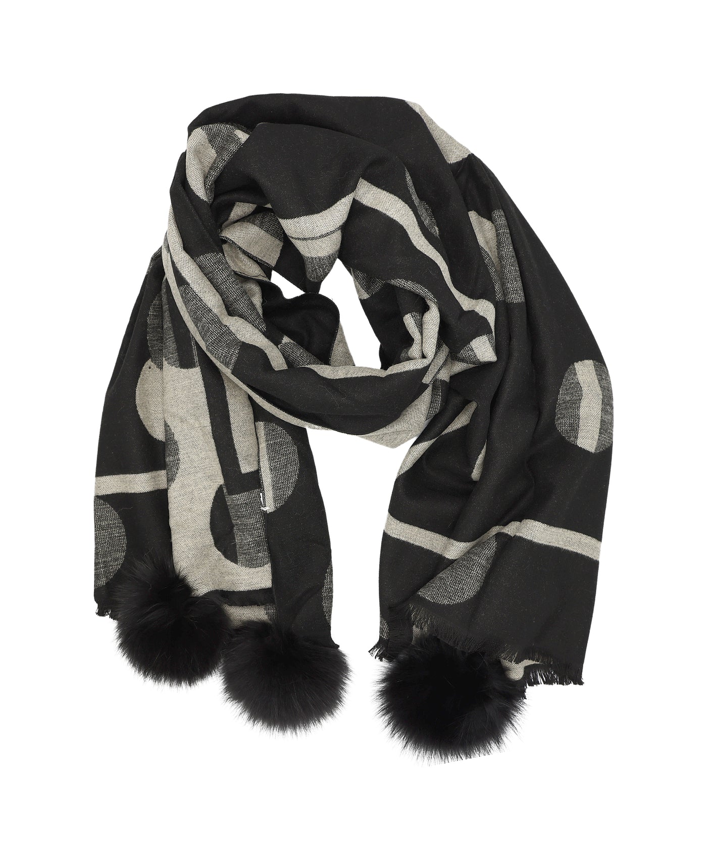 Geometric Print Scarf/Wrap w/ Fur Poms view 1