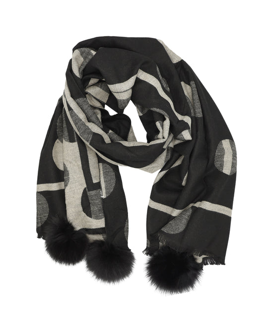 Geometric Print Scarf/Wrap w/ Fur Poms view 