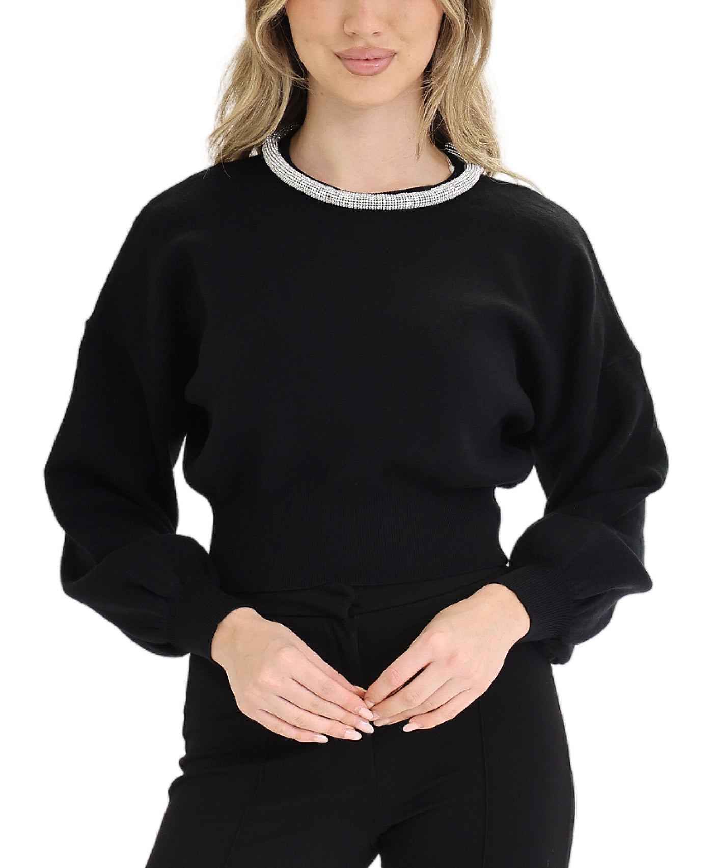 Crop Sweater w/ Rhinestone Collar view 1