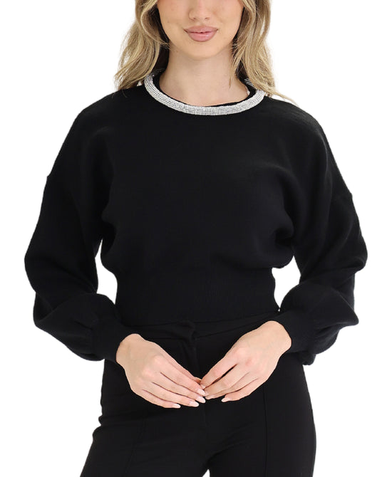 Crop Sweater w/ Rhinestone Collar view 