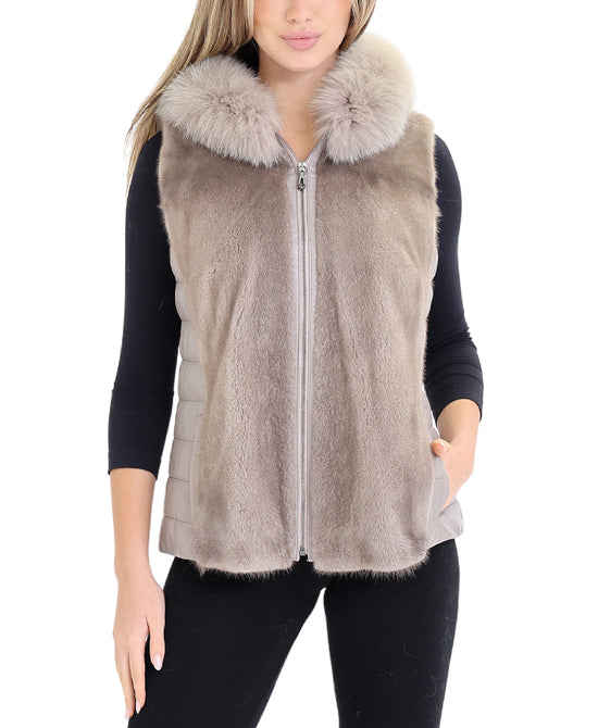 Mink & Leather Vest w/ Fox Trim Hood view 