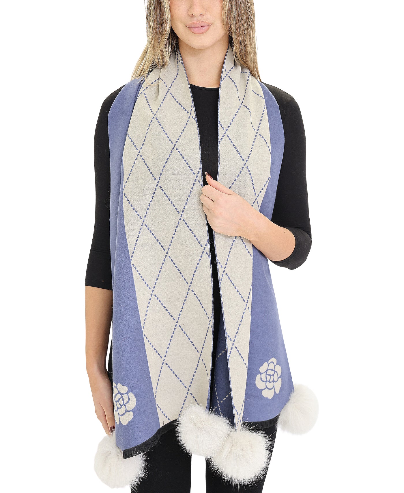 Diamond & Rose Printed Scarf/Wrap w/ Fur Poms view 1