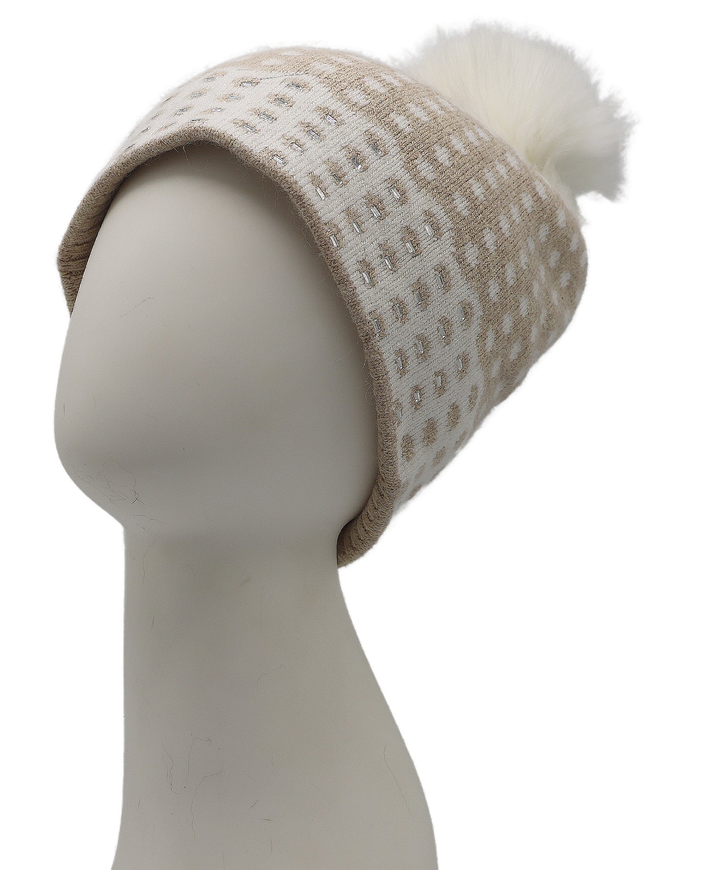 Knit Printed Hat w/ Fur Pom view 1