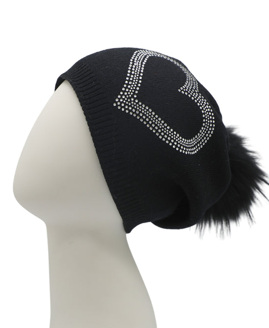 Crystal Heart Knit Slouch Hat w/ Fur Pom view 