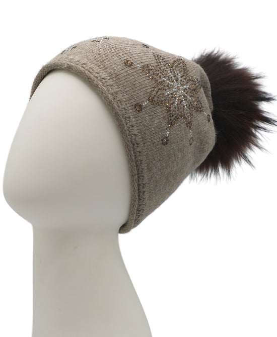 Crystal Snowflake Knit Hat w/ Fur Pom view 