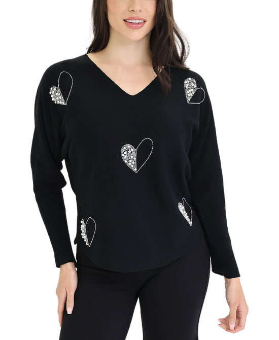 Sweater w/ Pearl & Crystal Hearts view 