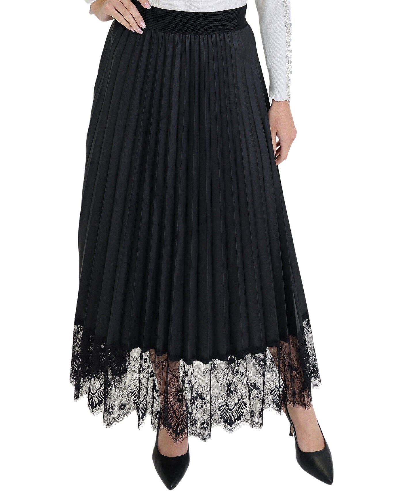 Faux Leather Pleated Maxi Skirt w/ Lace Trim view 1