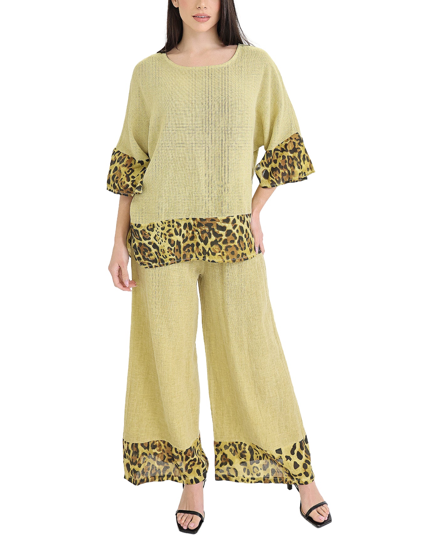 Linen & Cotton Pants w/ Leopard Trim view 2