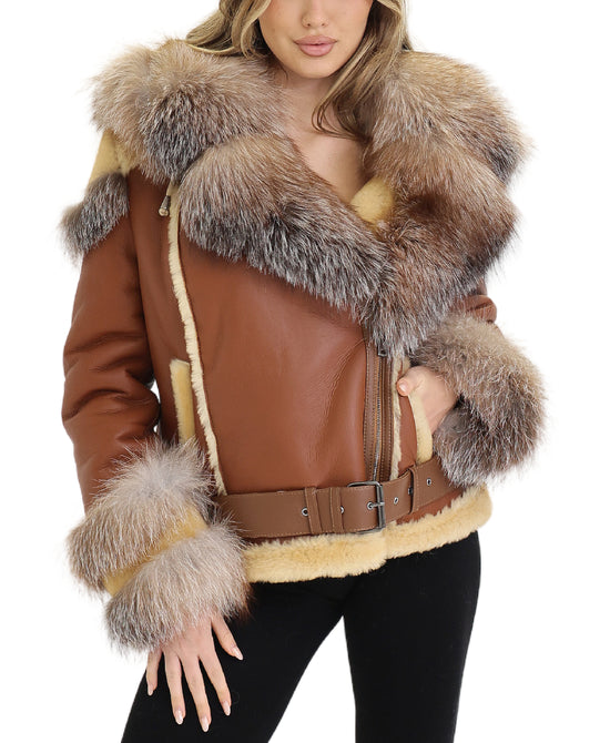 Shearling Hooded Jacket w/ Fox Fur Trim view 