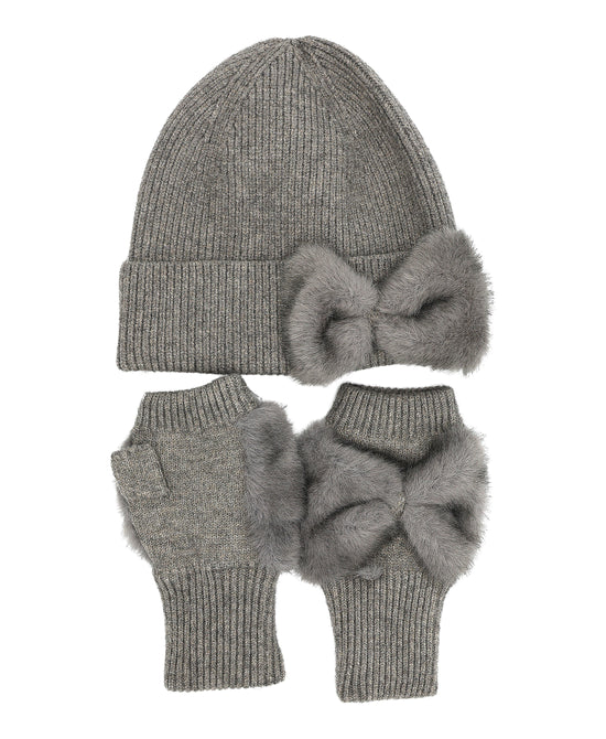 Faux Fur Bow Hat & Fingerless Gloves- 2pc Set view 