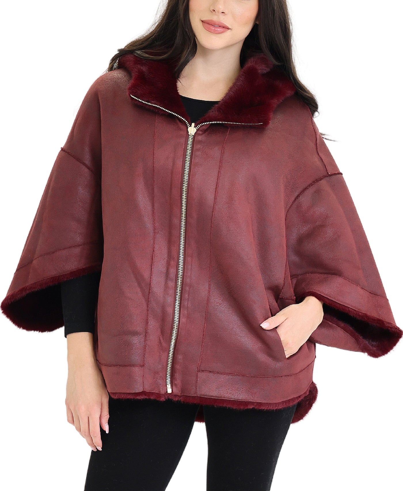 Reversible Faux Fur & Faux Suede Cape w/ Hood view 3