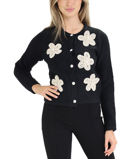 Cardigan Sweater w/ Crochet & Pearl Flowers view 