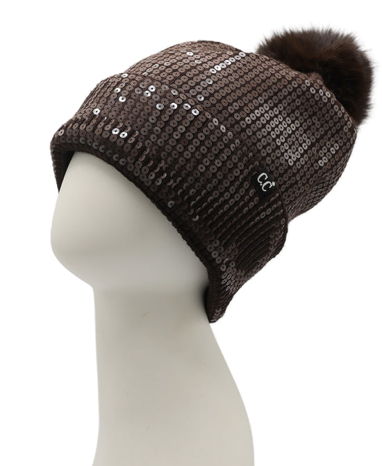 Sequin Hat w/ Faux Fur Pom view 