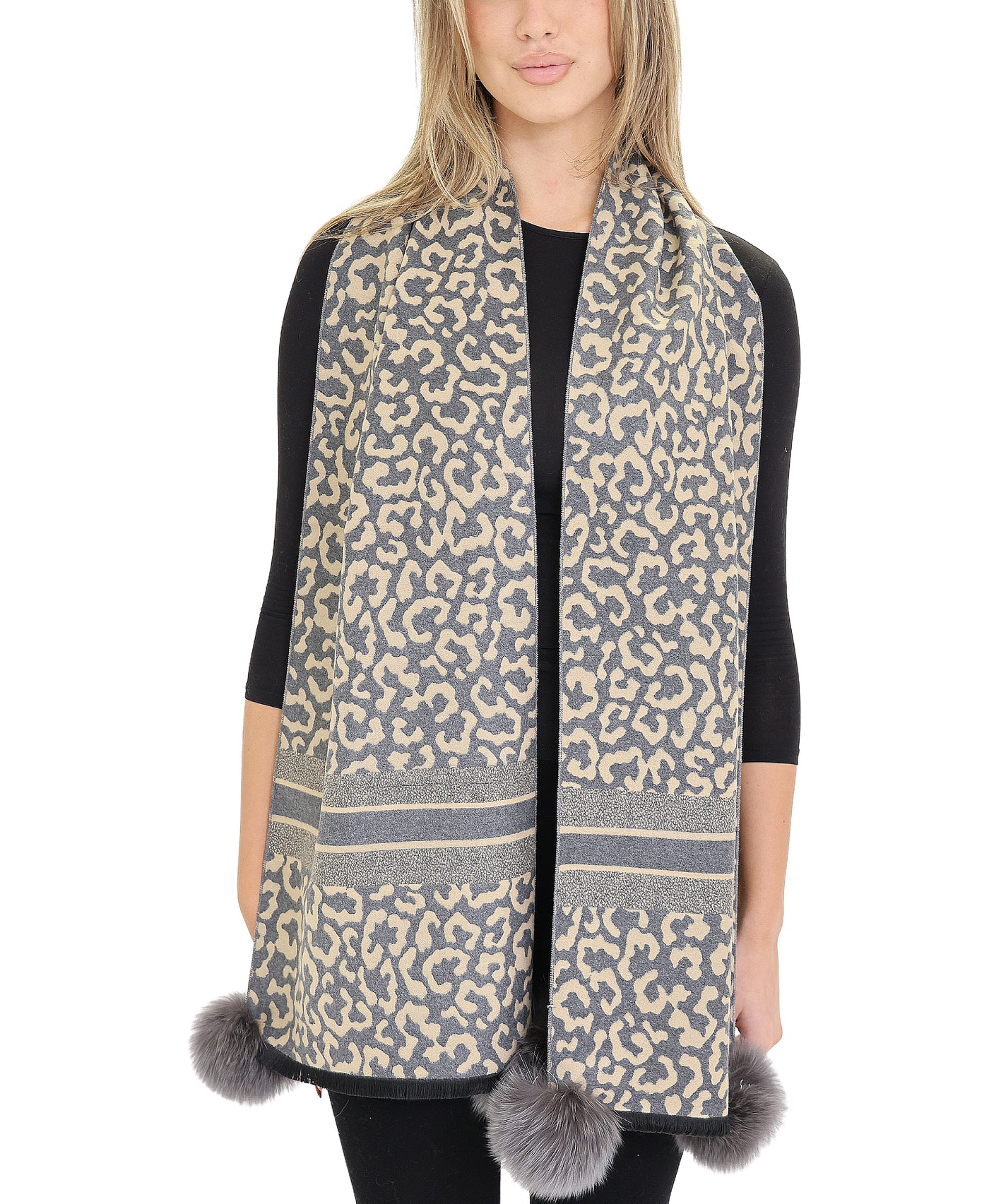 Animal Print Scarf/Wrap w/ Fur Poms view 1