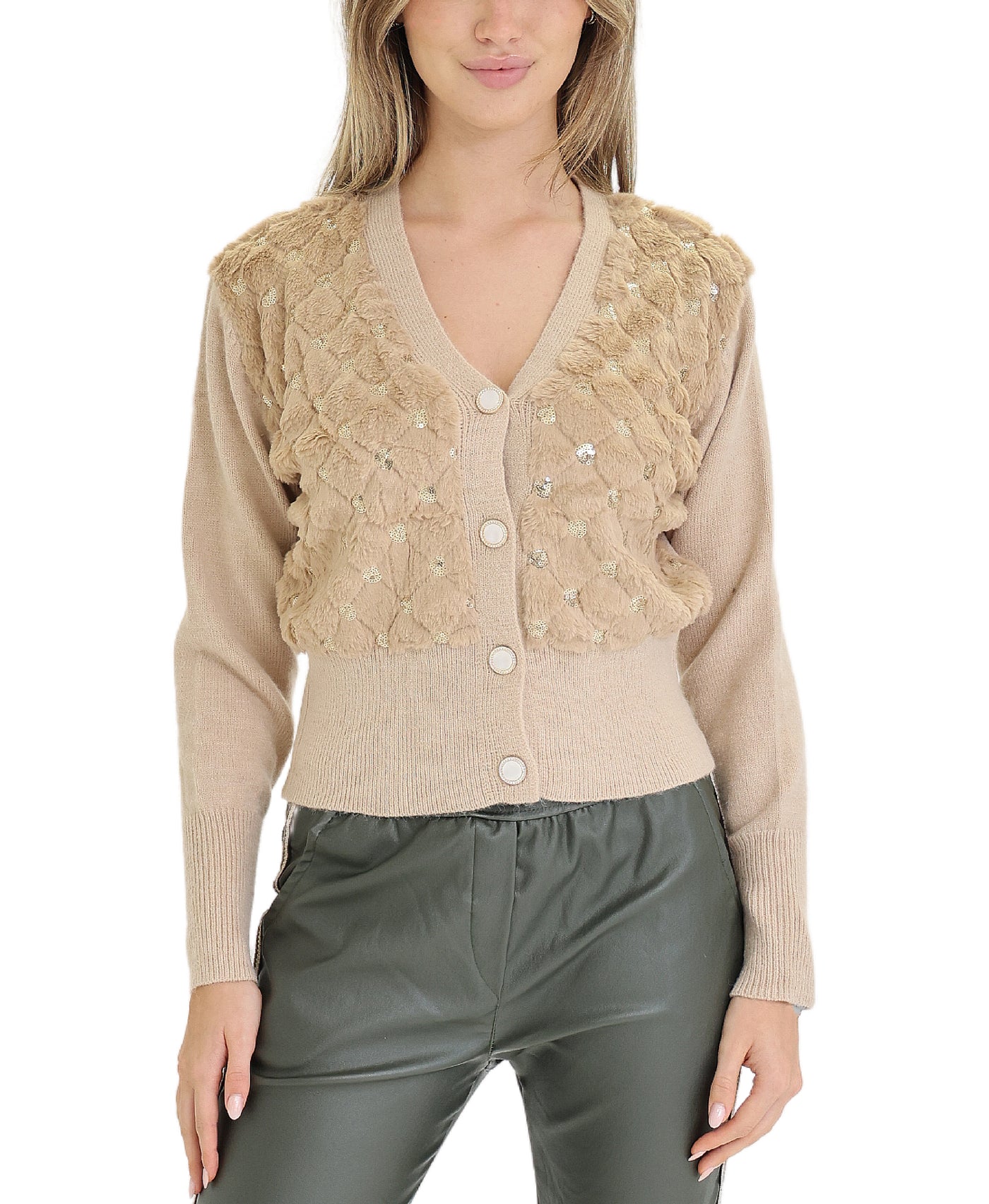 Cardigan Sweater w/ Faux Fur & Sequin view 1