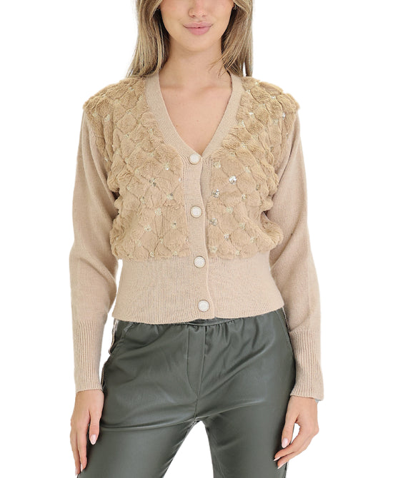 Cardigan Sweater w/ Faux Fur & Sequin view 